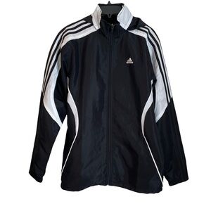 adidas Black and White 3 Stripes Windbreaker Track Jacket with Hidden Hood. S